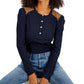 Tommy Hilfiger Feminino Faux Suede Trim Henley Top Azul Tamanho P
