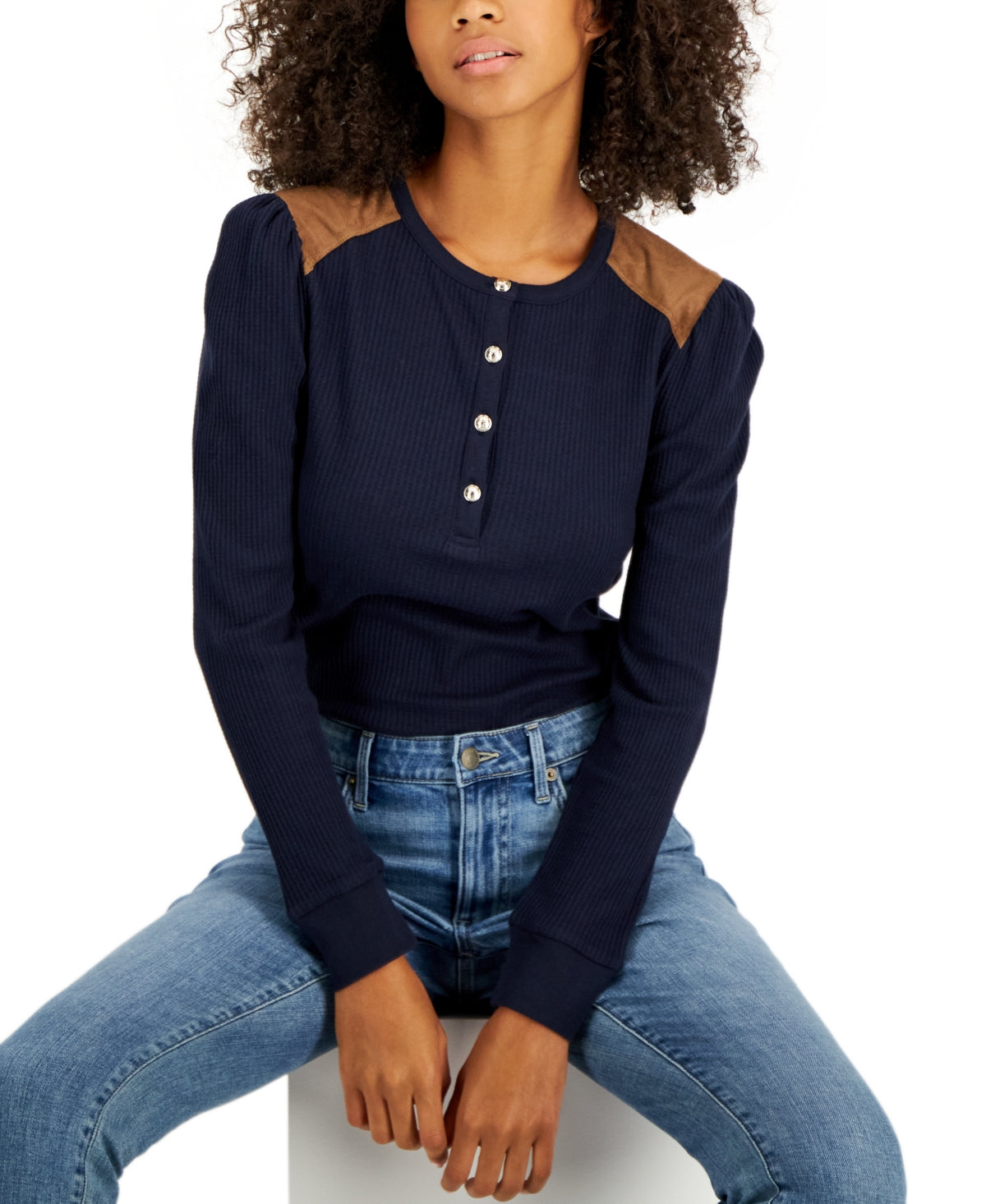 Tommy Hilfiger Feminino Faux Suede Trim Henley Top Azul Tamanho X-S