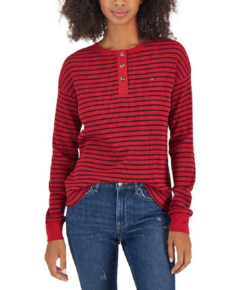 Tommy Hilfiger Top Henley Listrado Manga Longa Feminino Vermelho
