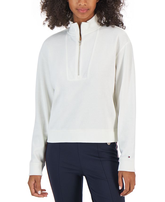 Tommy Hilfiger Moletom feminino curto com zíper 1/2, branco, tamanho GG