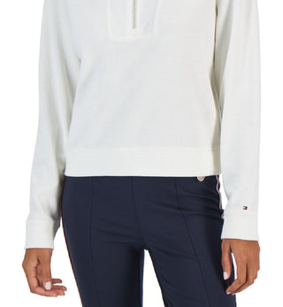 Tommy Hilfiger Moletom feminino curto com zíper 1/2, branco, tamanho médio