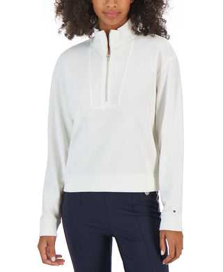 Tommy Hilfiger Moletom feminino curto com zíper 1/2, branco, tamanho médio