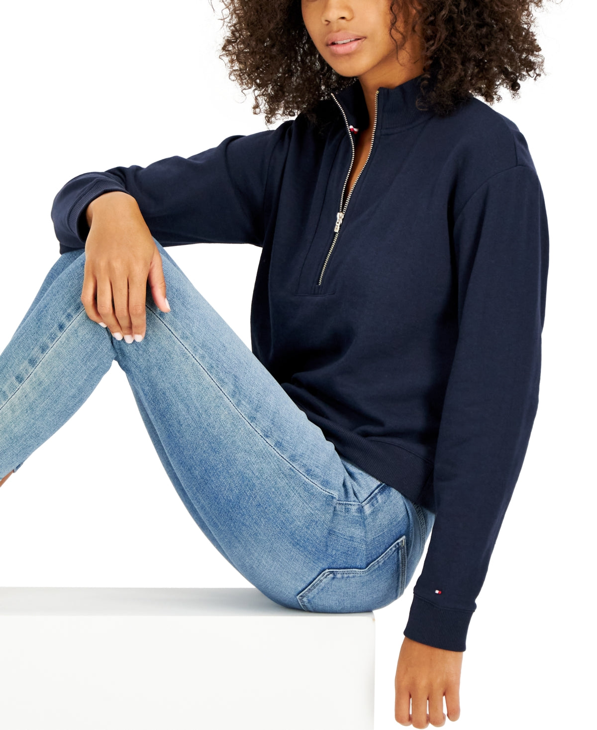 Tommy Hilfiger Moletom feminino curto com zíper e gola redonda, azul, tamanho GG