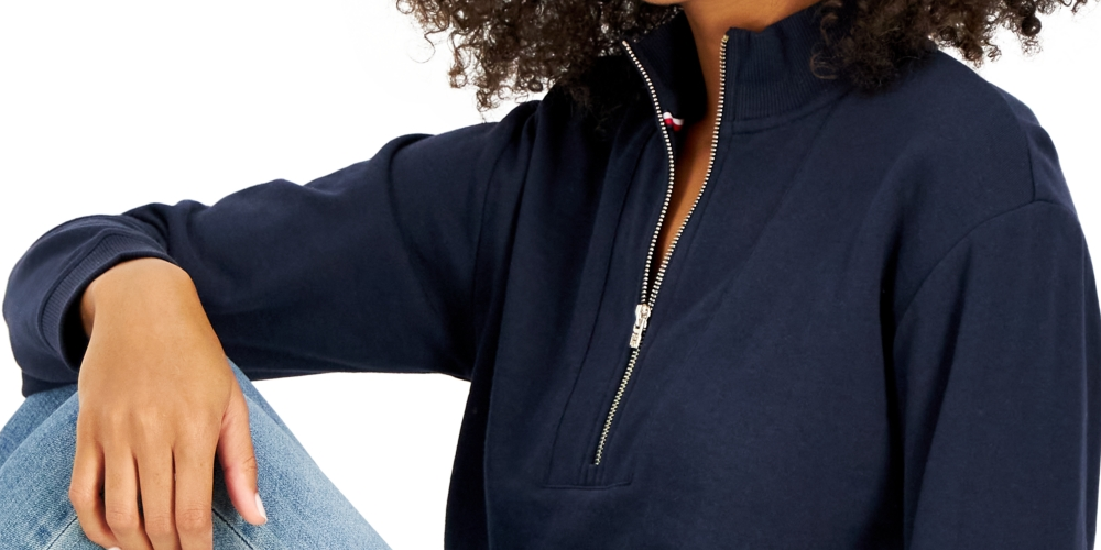 Tommy Hilfiger Moletom feminino curto com zíper e gola redonda, azul, tamanho GG