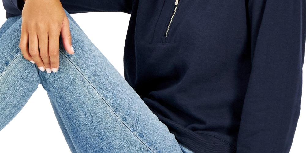 Tommy Hilfiger Moletom feminino curto com zíper e gola redonda, azul, tamanho GG