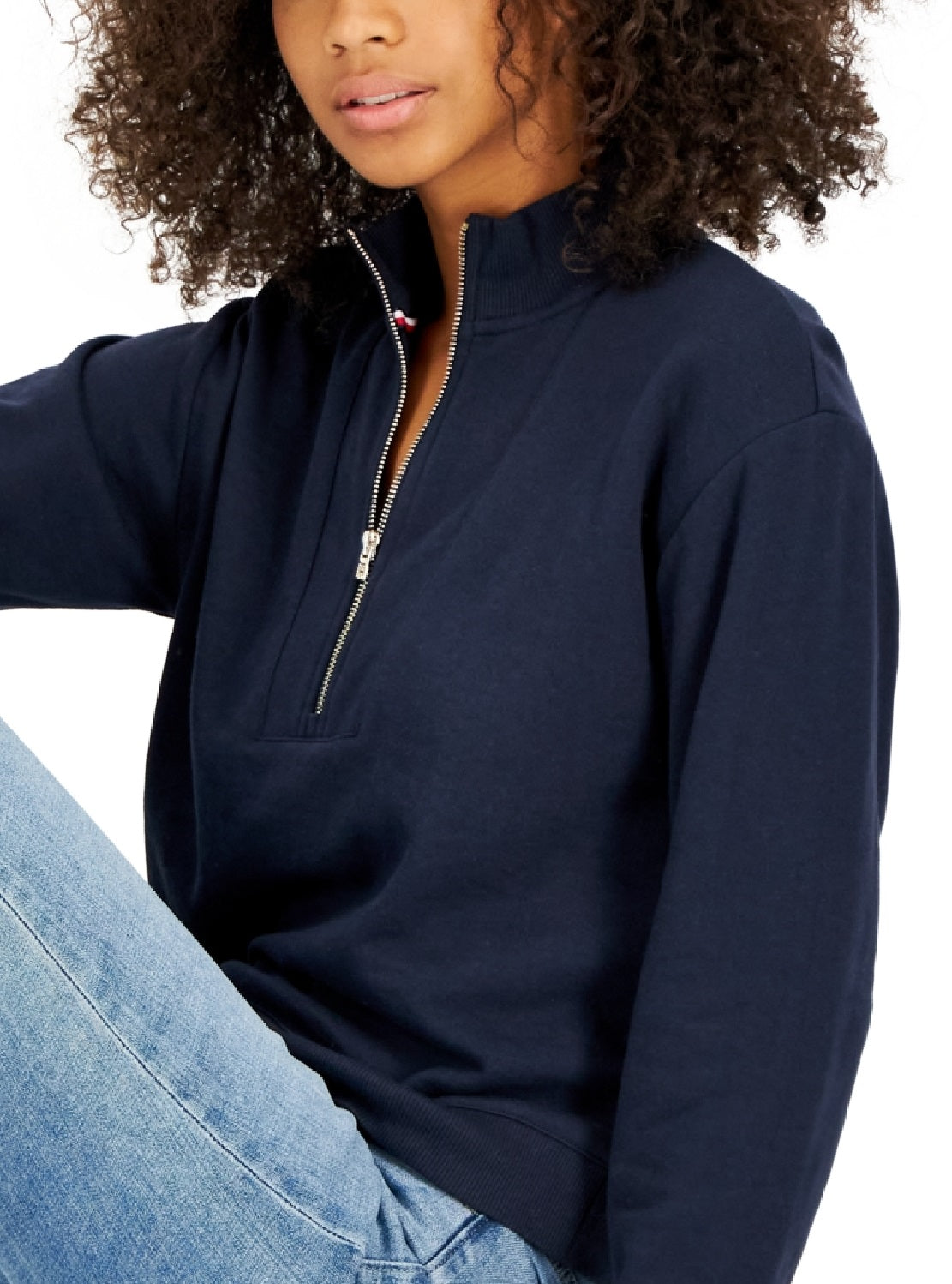 Tommy Hilfiger Moletom feminino curto com zíper 1/2 azul tamanho grande