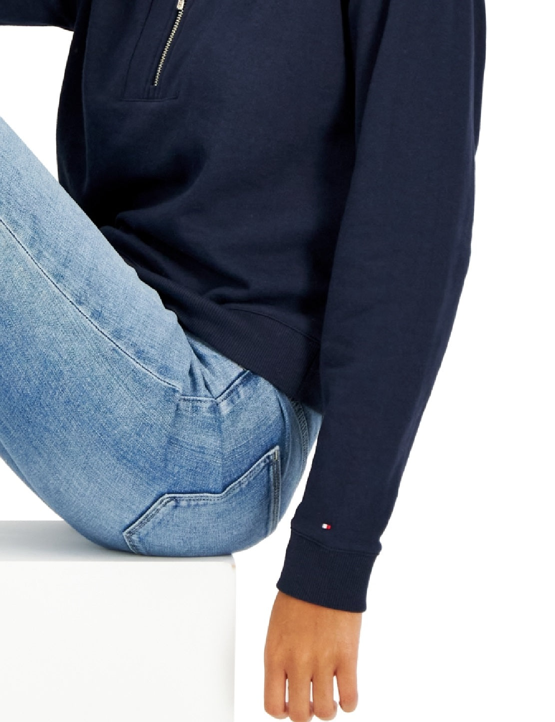 Tommy Hilfiger Moletom feminino curto com zíper 1/2, azul, tamanho médio