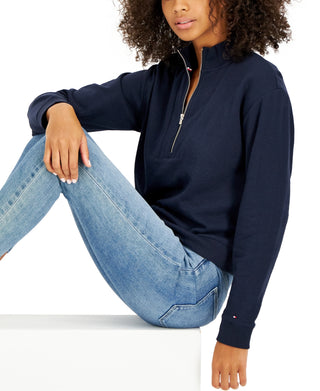 Tommy Hilfiger Moletom feminino curto com zíper 1/2, azul, tamanho médio
