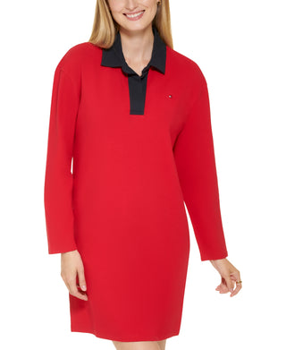 Tommy Hilfiger Women's Johnny Collar Rugby Dress Red Size Large