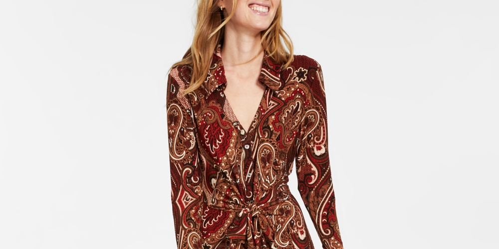 Vestido-camisa feminino Tommy Hilfiger em jersey fosco com estampa paisley, preto, tamanho 12