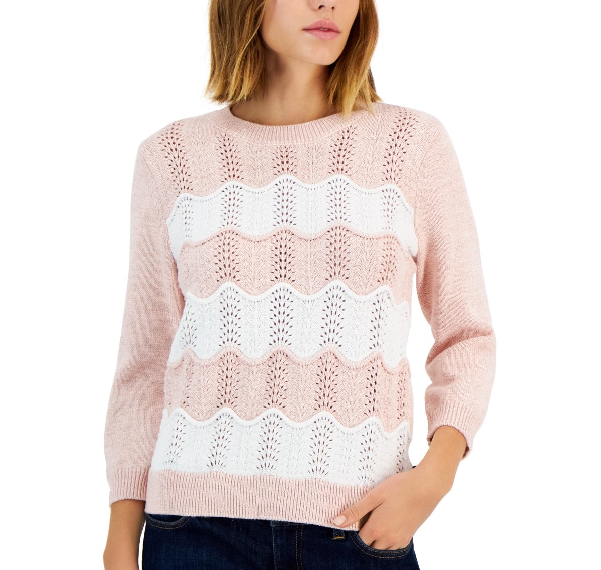 Tommy Hilfiger Suéter Feminino de Algodão Manga 3/4 Rosa Tamanho Médio