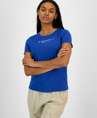 Camiseta Tommy Hilfiger Feminina Gola Redonda com Strass Azul Tamanho P