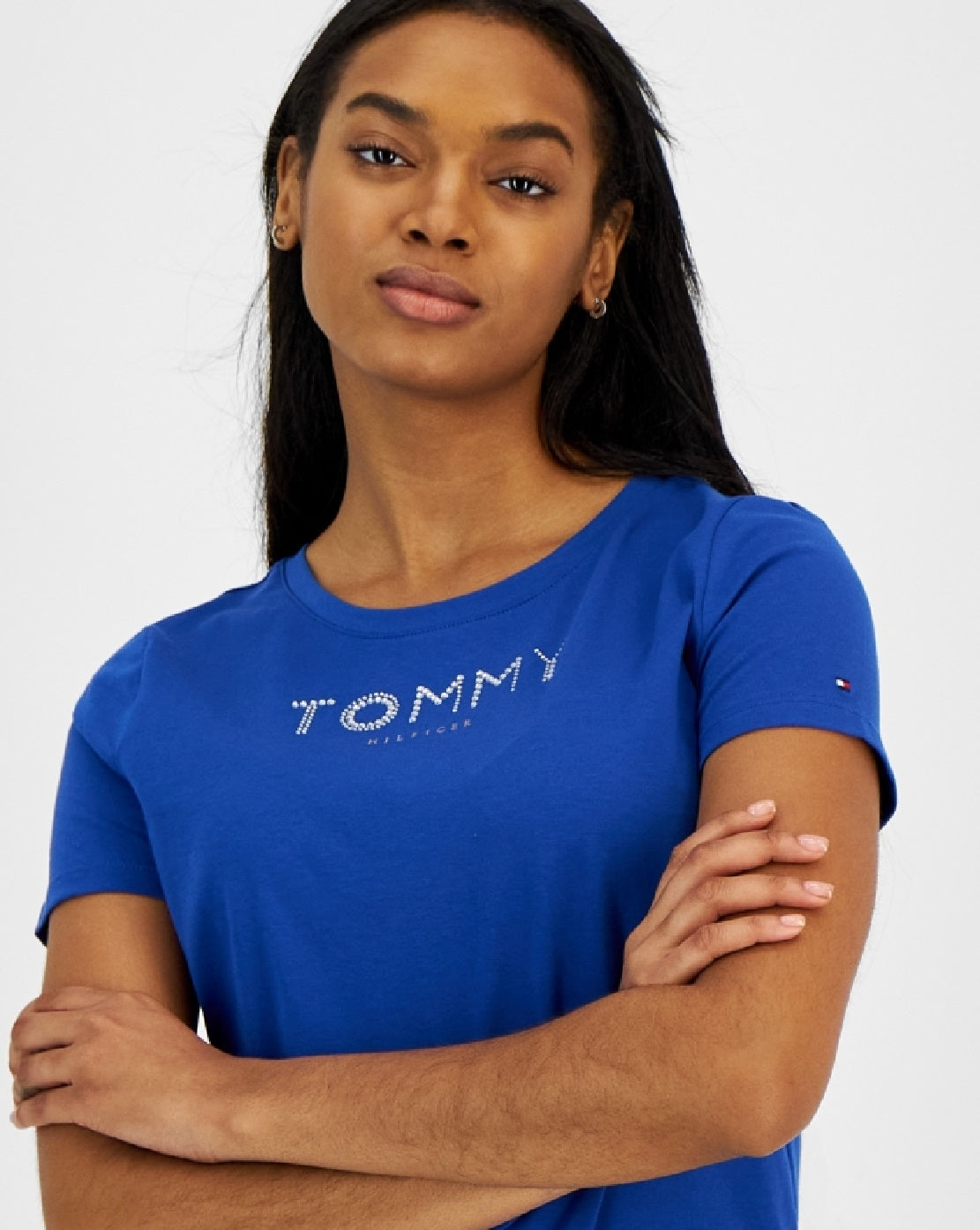 Camiseta Tommy Hilfiger Feminina Gola Redonda com Strass Azul Tamanho P