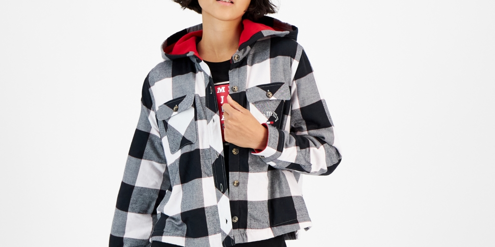 Tommy Jeans Jaqueta Feminina Xadrez com Forro de Lã e Capuz, Branca, Tamanho X-G