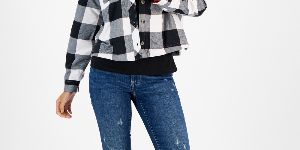 Tommy Jeans Jaqueta Feminina Xadrez com Forro de Lã e Capuz, Branca, Tamanho X-G