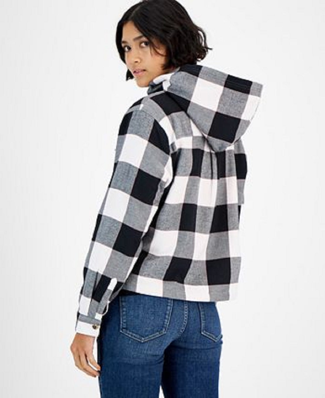 Tommy Jeans Jaqueta Feminina Xadrez com Forro de Lã e Capuz, Branca, Tamanho XS