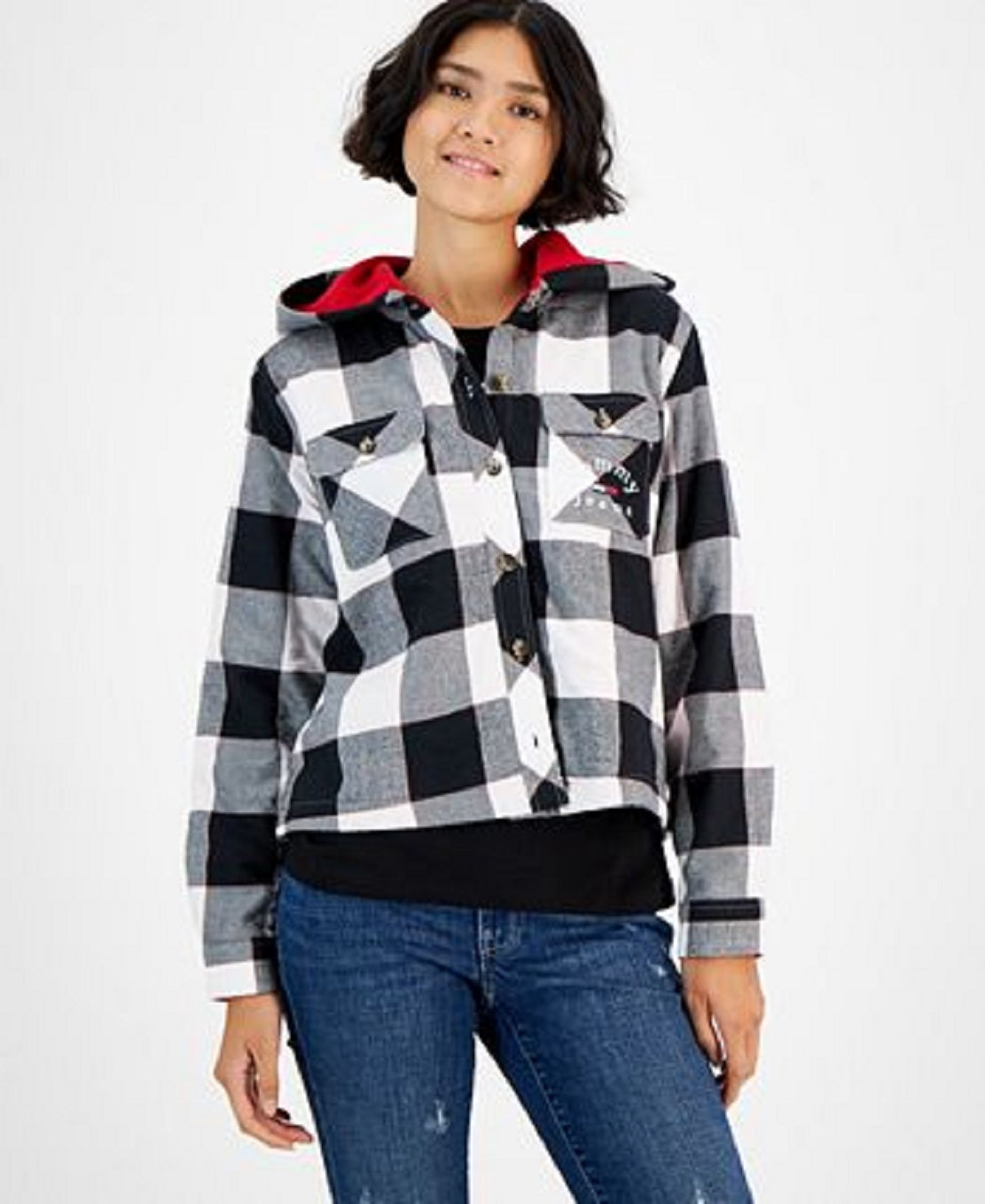 Tommy Jeans Jaqueta Feminina Xadrez com Forro de Lã e Capuz, Branca, Tamanho XS