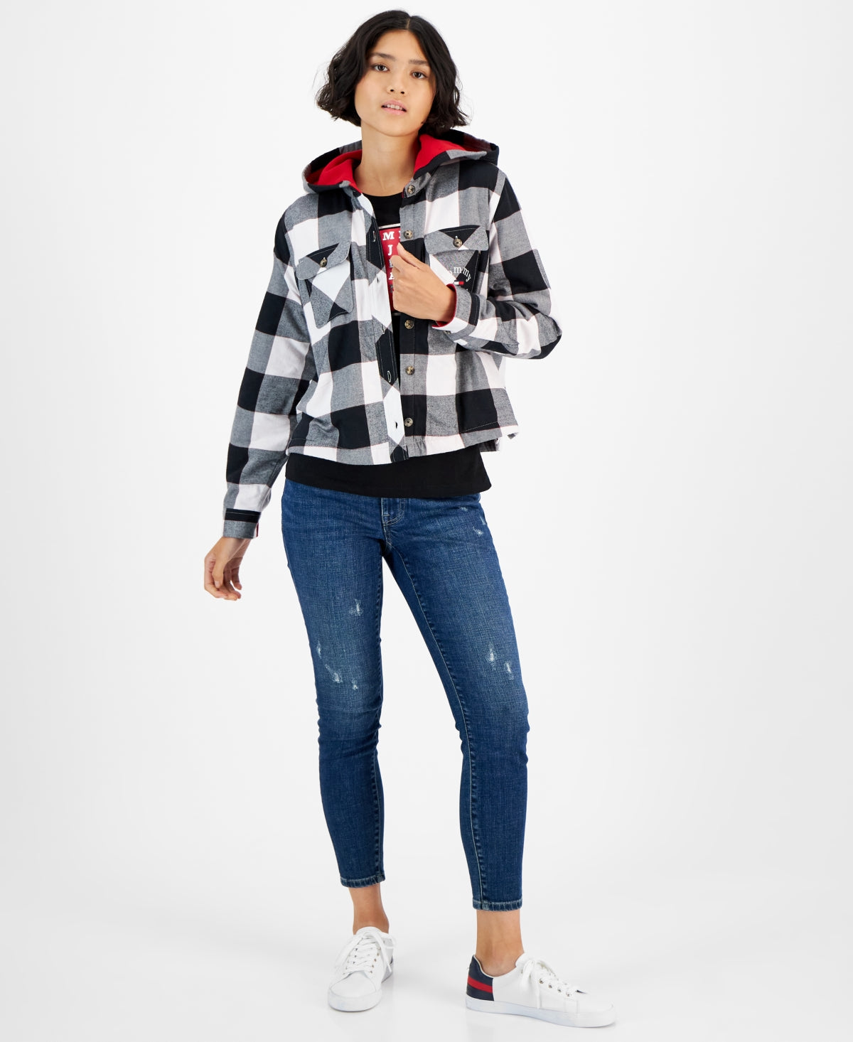 Tommy Jeans Jaqueta Feminina Xadrez com Forro de Lã e Capuz, Branca, Tamanho XS