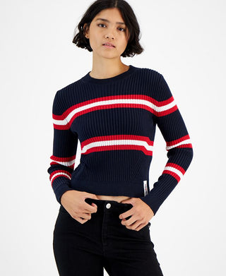 Tommy Jeans Feminino Listrado Canelado Manga Longa Gola Redonda Suéter Azul Tamanho Grande