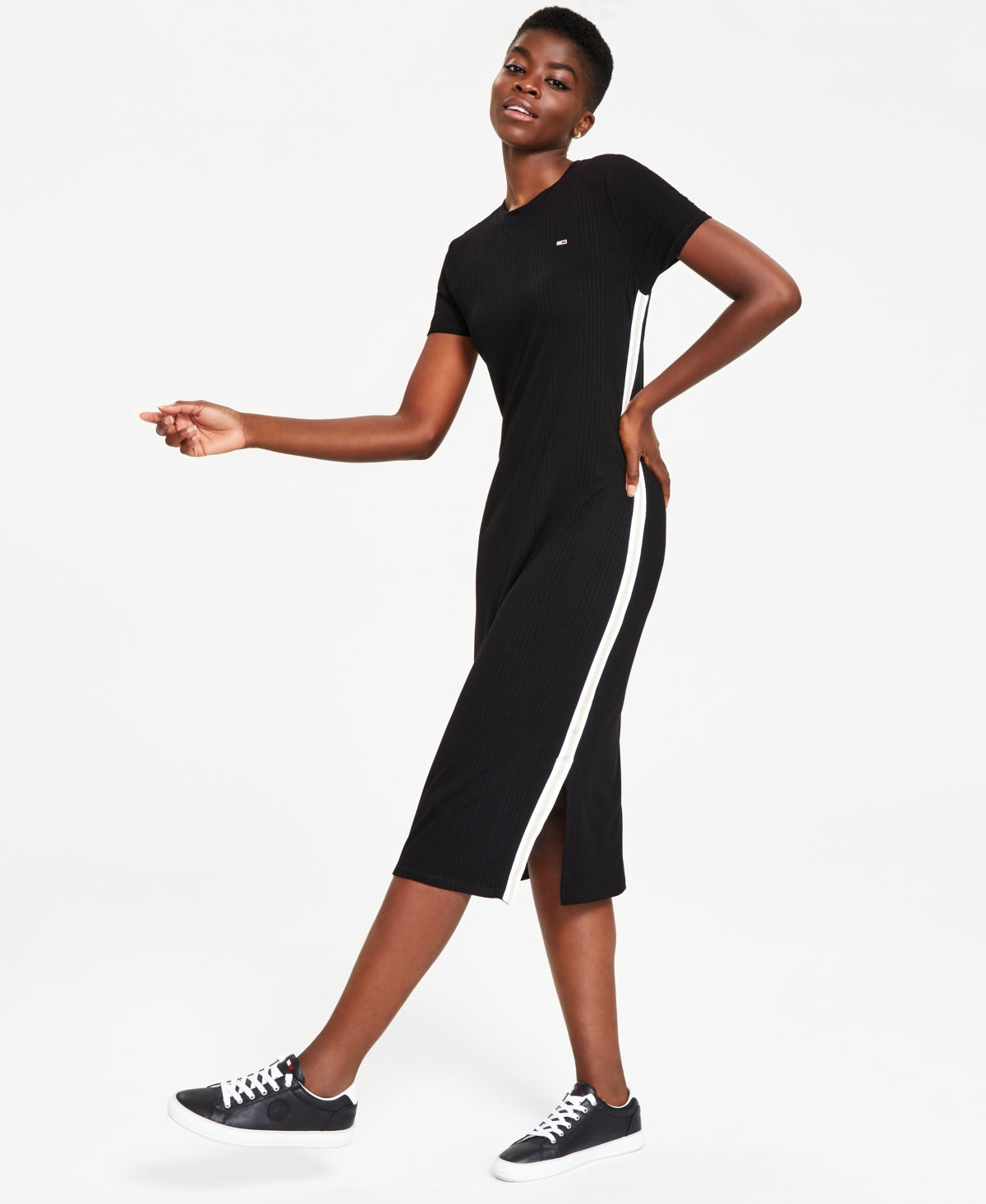 Vestido midi listrado metálico feminino Tommy Jeans, preto, tamanho pequeno