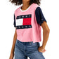 Camiseta Tommy Jeans Feminina com Logo da Bandeira Colorblocked Rosa Tamanho GG