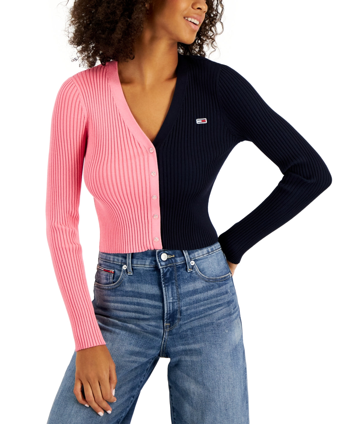 Tommy Jeans Feminino Gola V Pulôver Colorblock Suéter Rosa Tamanho Médio