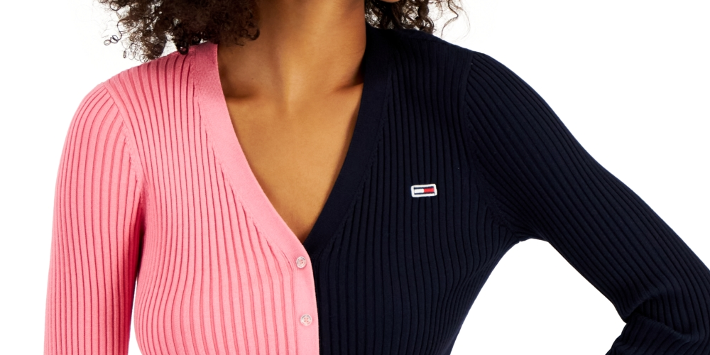Tommy Jeans Feminino Gola V Pulôver Colorblock Suéter Rosa Tamanho Médio