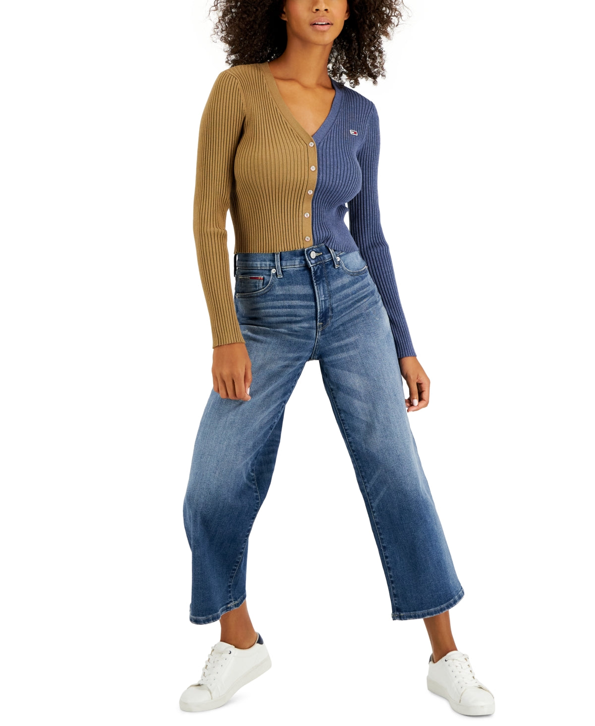 Tommy Jeans Feminino Gola V Pulôver Colorblock Suéter Marrom Tamanho Médio