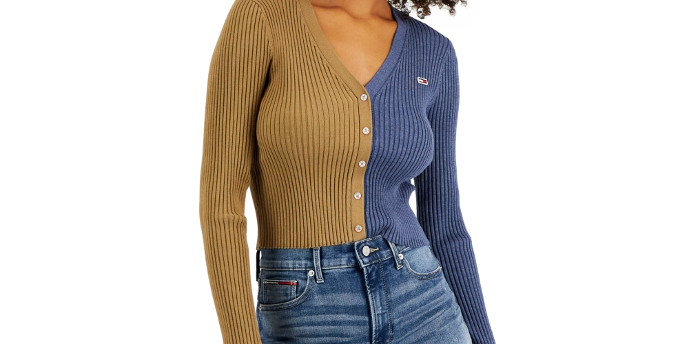 Tommy Jeans Feminino Gola V Pulôver Colorblock Suéter Marrom Tamanho Médio