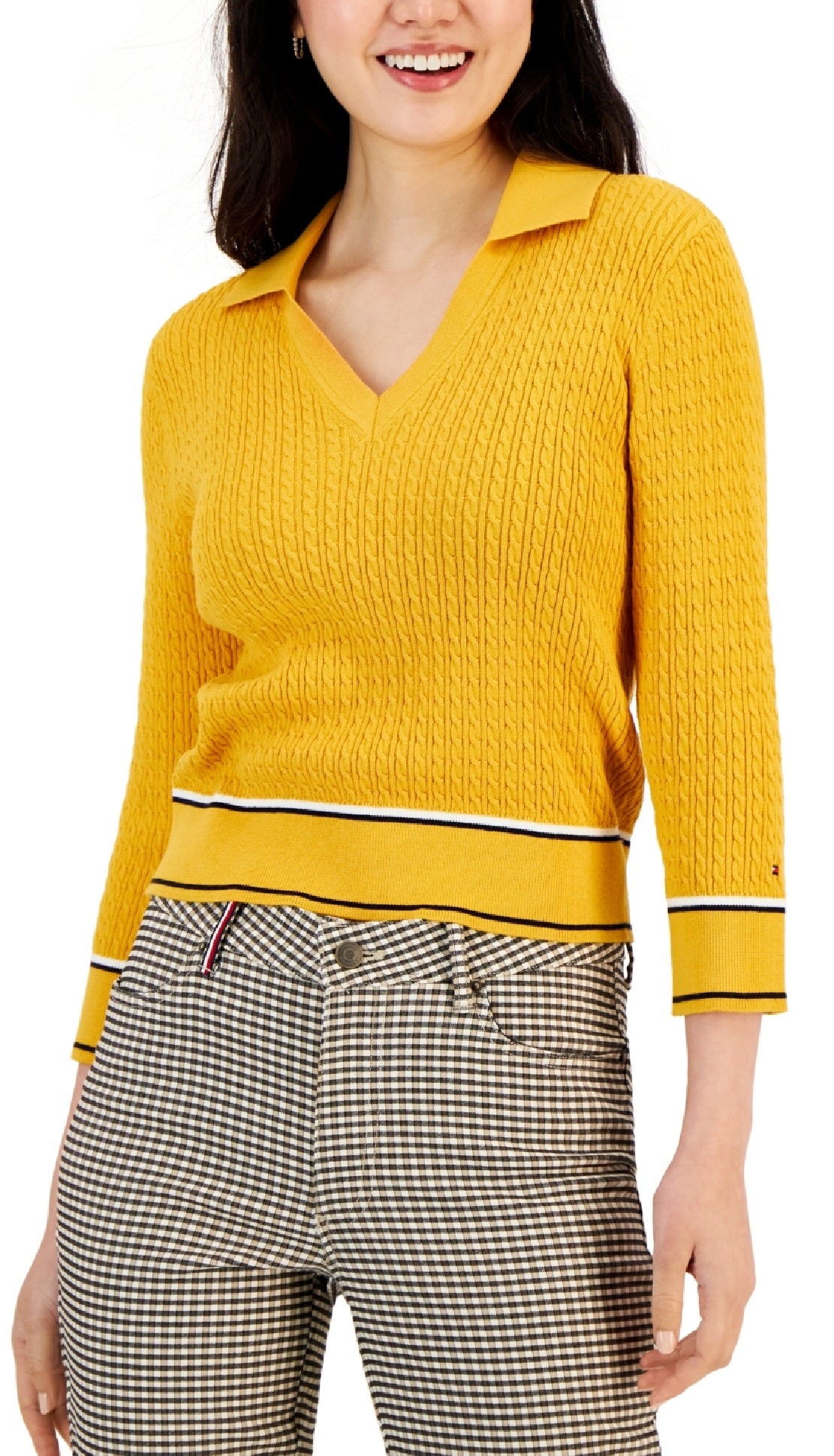 Tommy Hilfiger Suéter Feminino de Algodão com Gola Johnny em Tricô com Cabo Amarelo