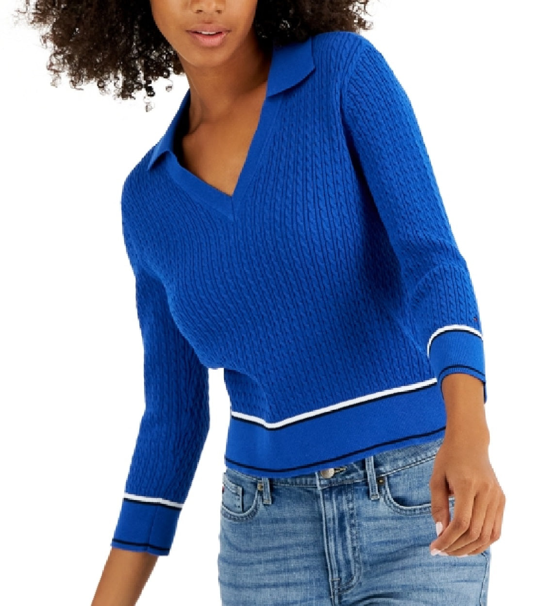 Tommy Hilfiger Suéter Feminino de Algodão Johnny Collar em Tricô com Cabo Azul Tamanho Grande