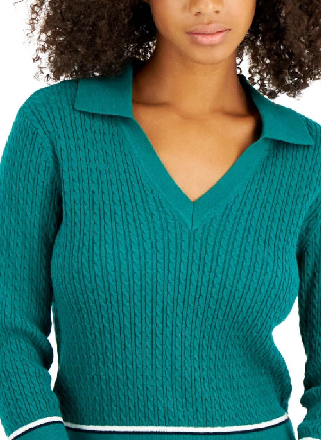 Tommy Hilfiger Suéter Feminino de Algodão Johnny Collar em Tricô com Cabo Verde Tamanho Grande