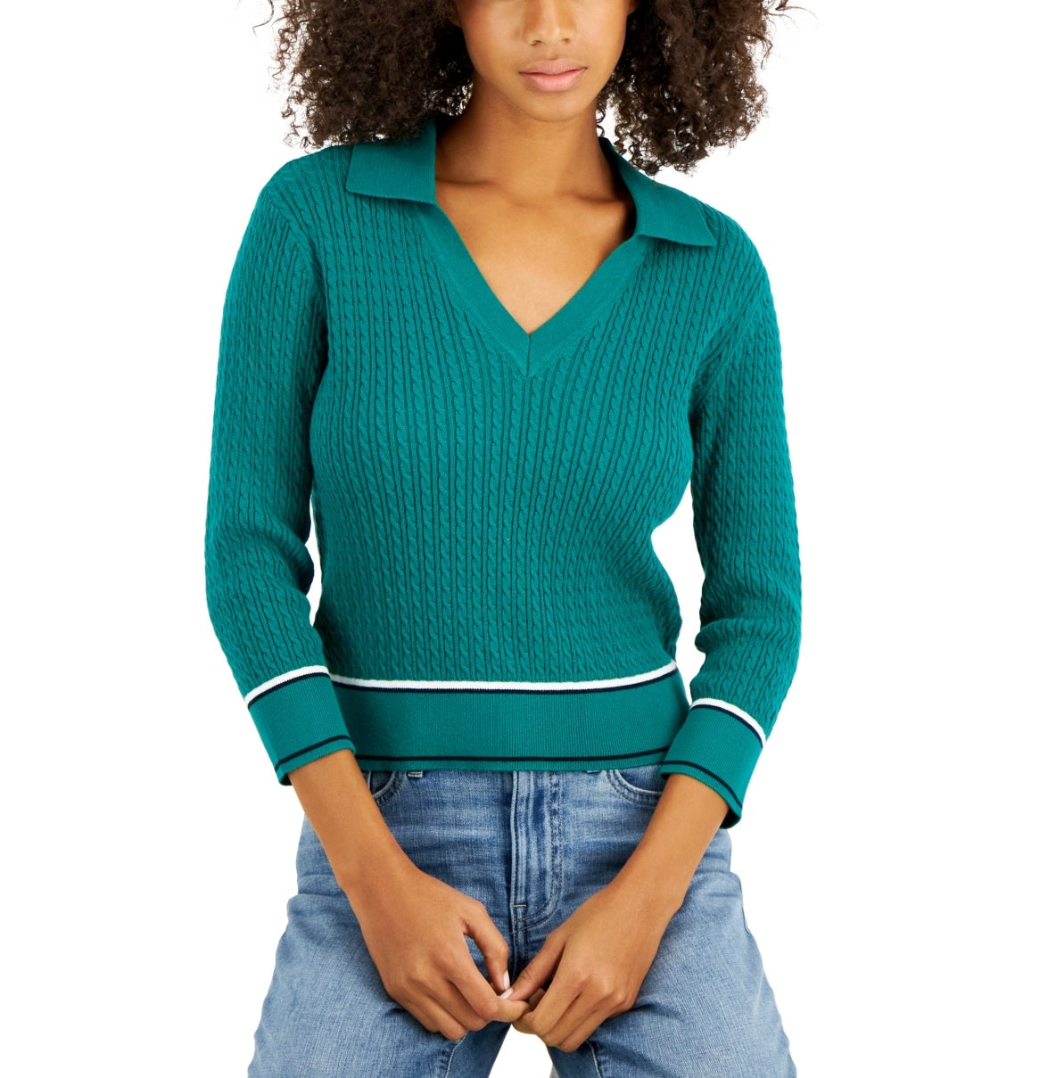 Tommy Hilfiger Suéter Feminino de Algodão Johnny Collar em Tricô com Cabo Verde Tamanho Médio