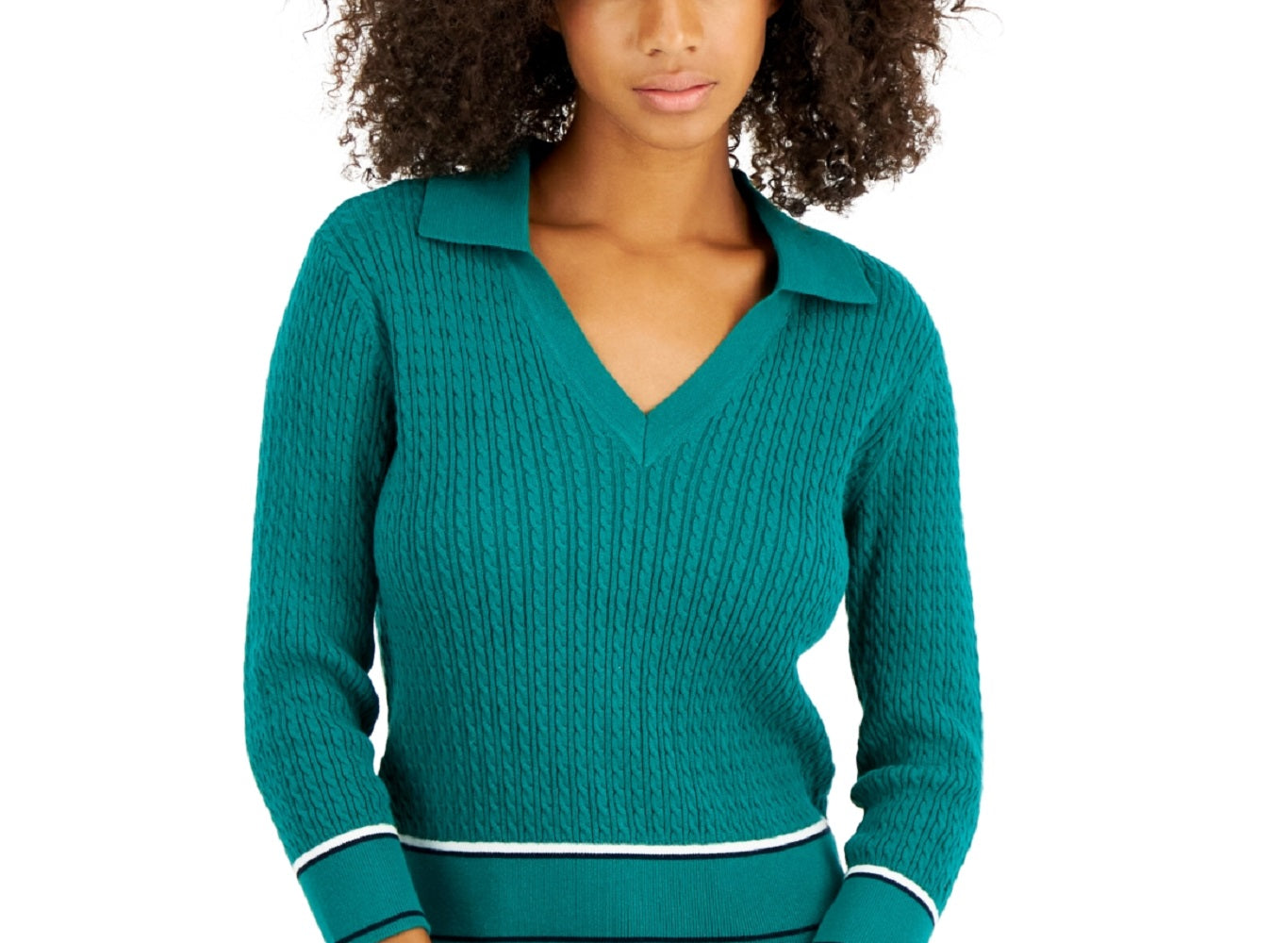 Tommy Hilfiger Suéter Feminino de Algodão Johnny Collar em Tricô com Cabo Verde Tamanho Médio