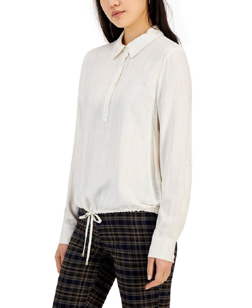 Tommy Hilfiger Feminino Tie Hem Roll Tab Lurex Xadrez Top Branco Tamanho P