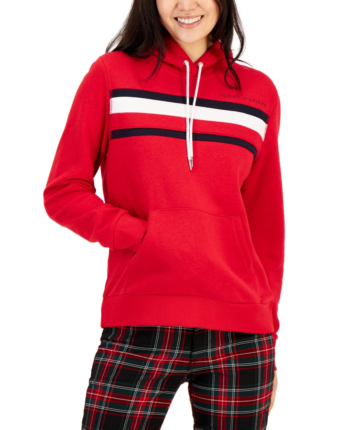Tommy Hilfiger Moletom com capuz feminino com bolso frontal e logotipo, vermelho, tamanho XX-G