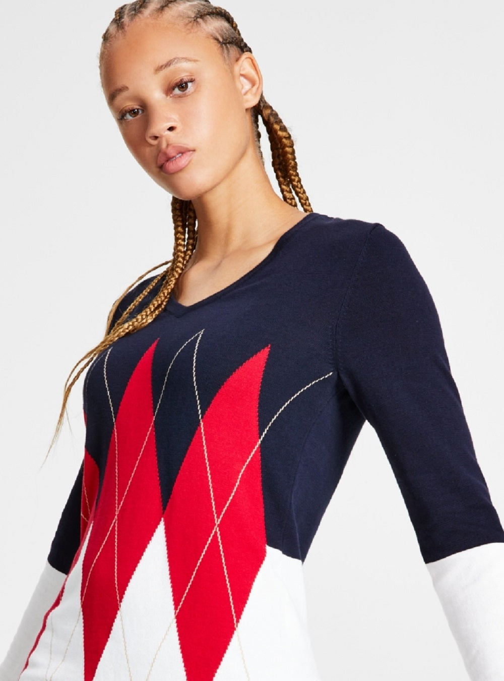 Suéter Tommy Hilfiger Feminino de Algodão Colorblock Argyle Azul Tamanho Médio