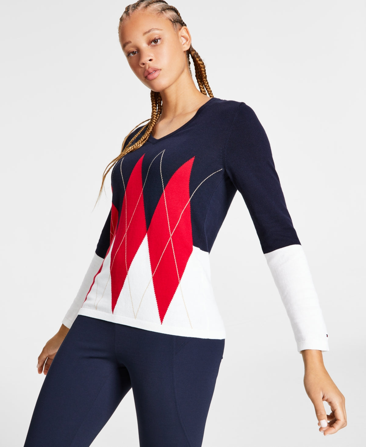 Suéter Tommy Hilfiger Feminino de Algodão Colorblock Argyle Azul Tamanho Médio
