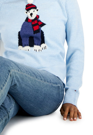 Suéter feminino Tommy Hilfiger com estampa de urso polar, azul, tamanho pequeno