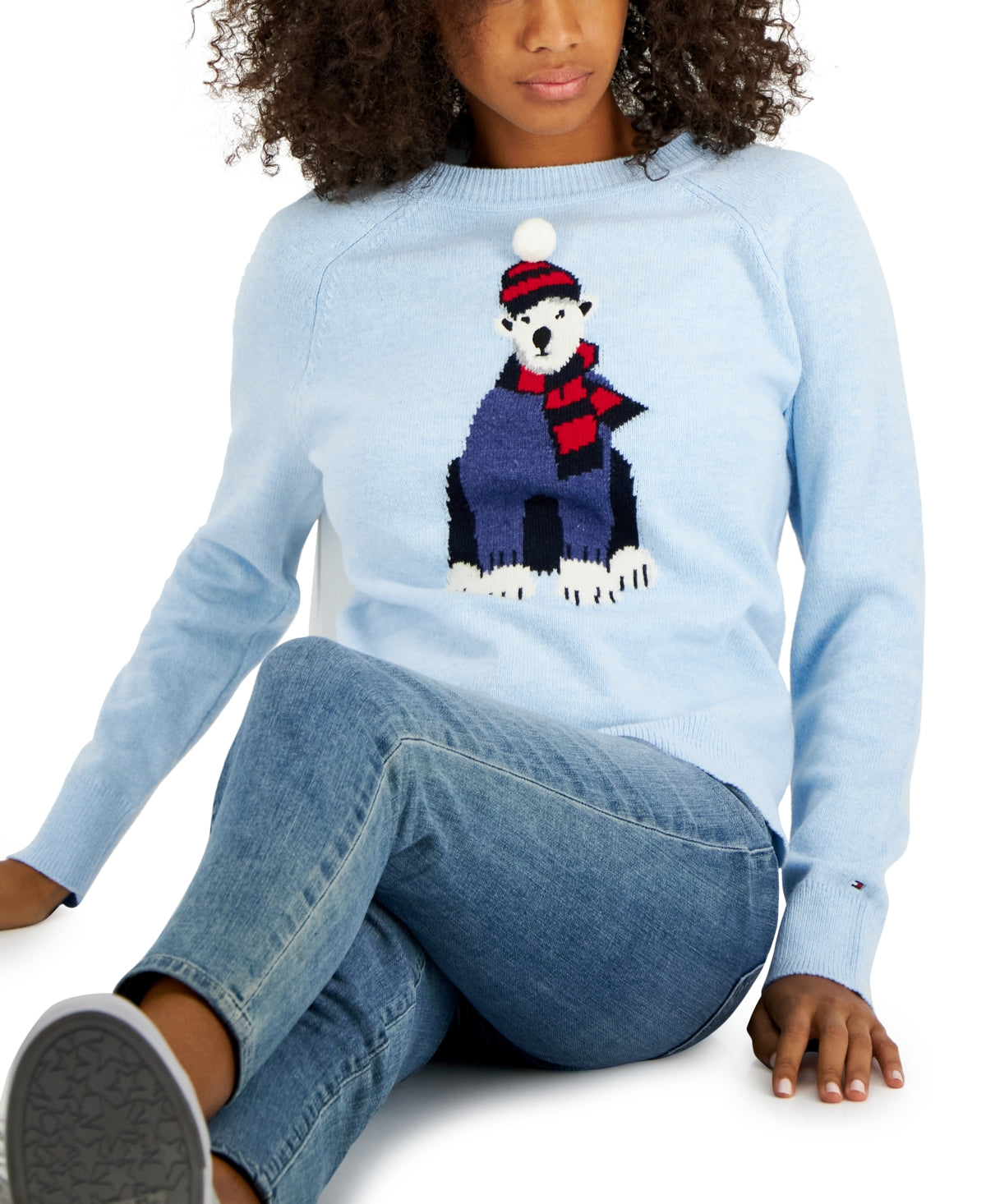 Suéter feminino Tommy Hilfiger com estampa de urso polar, azul, tamanho pequeno