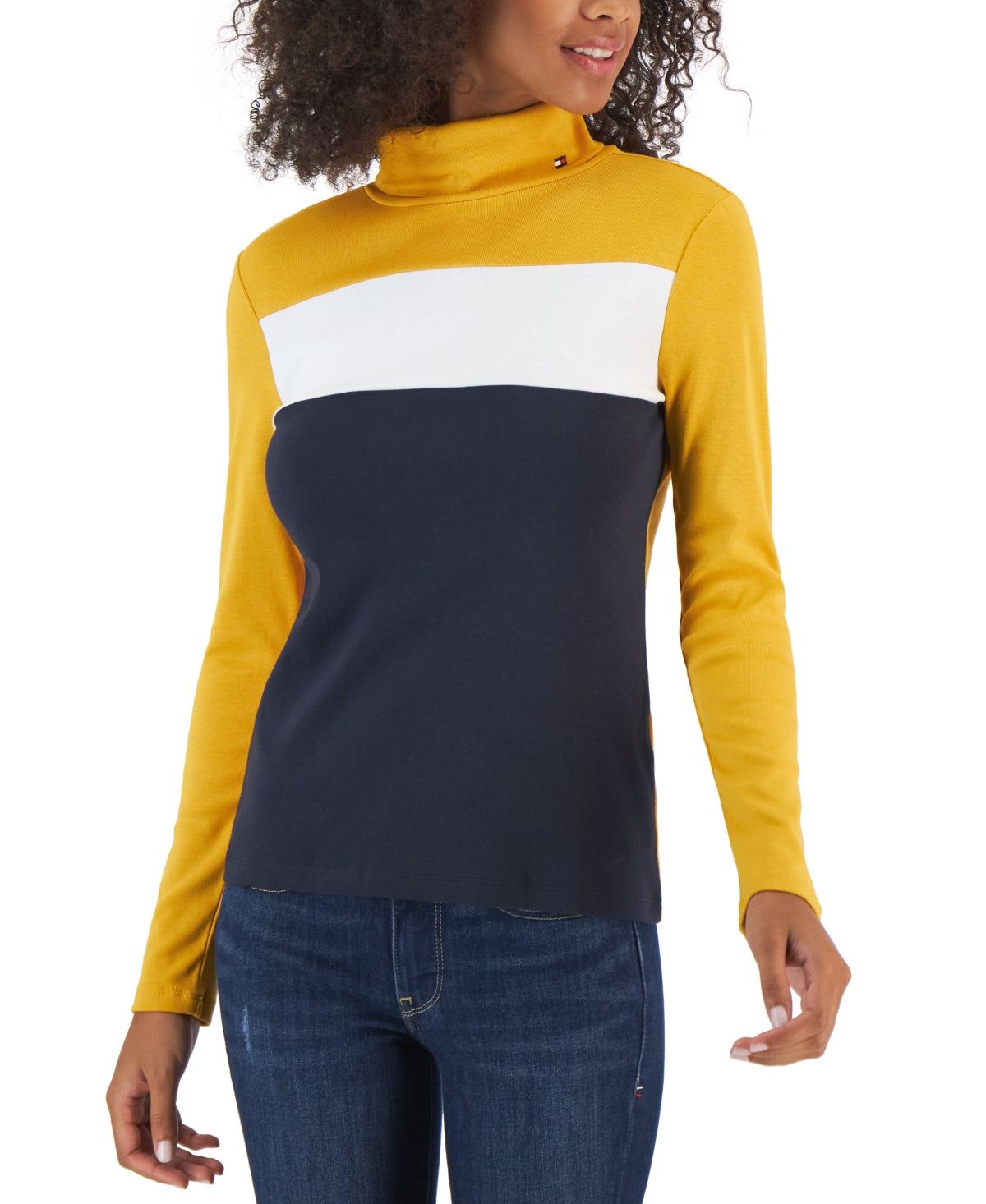 Tommy Hilfiger Blusa Feminina de Algodão com Gola Alta Colorblock e Manga Longa, Amarela, Tamanho X-G