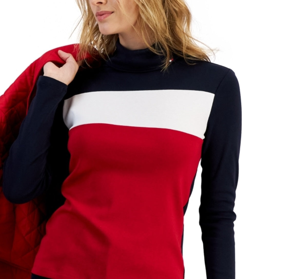 Tommy Hilfiger Blusa Feminina de Algodão com Gola Alta Colorblock e Manga Longa Azul