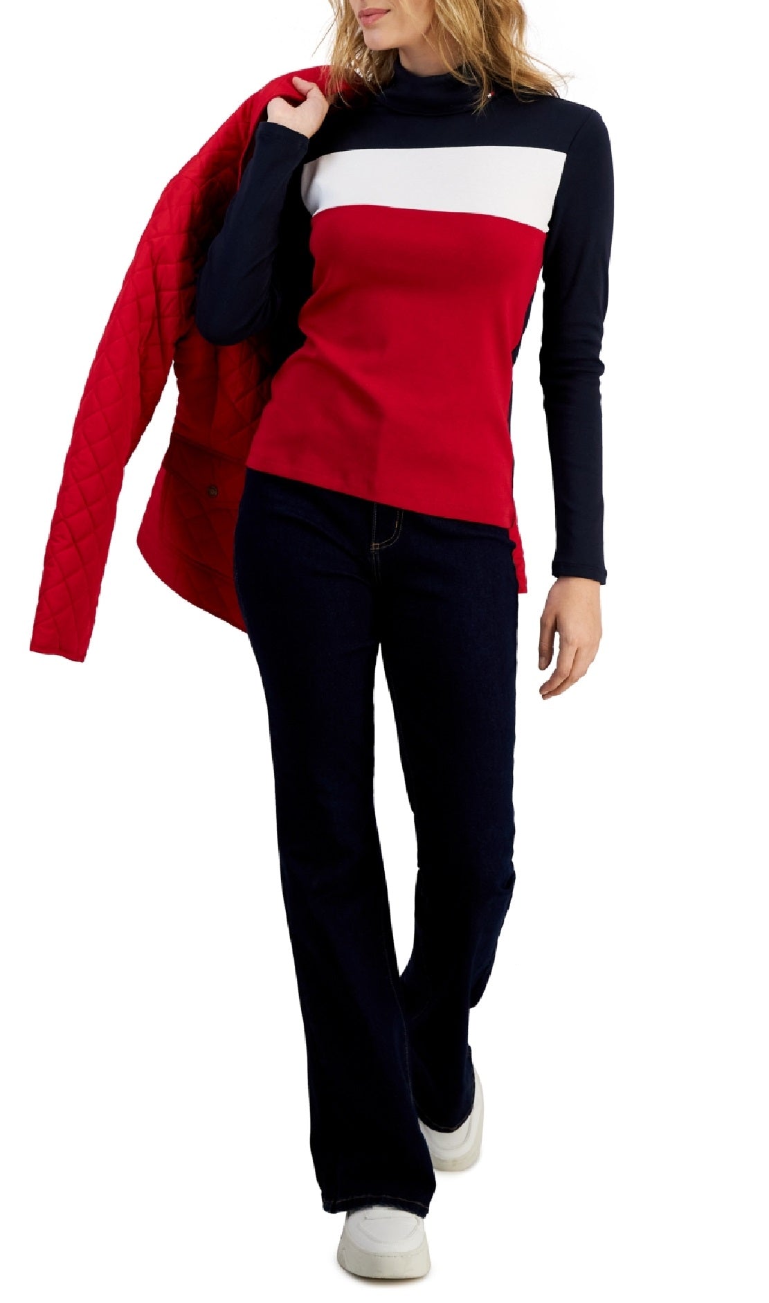 Tommy Hilfiger Blusa Feminina de Algodão com Gola Alta Colorblock e Manga Longa Azul Tamanho Grande