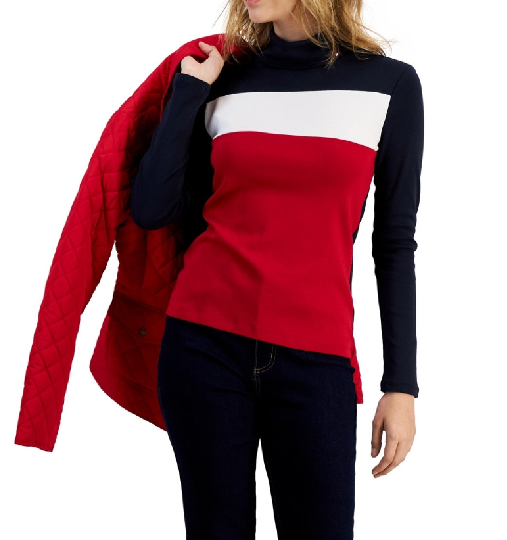 Tommy Hilfiger Blusa Feminina de Algodão com Gola Alta Colorblock e Manga Longa Azul Tamanho Grande