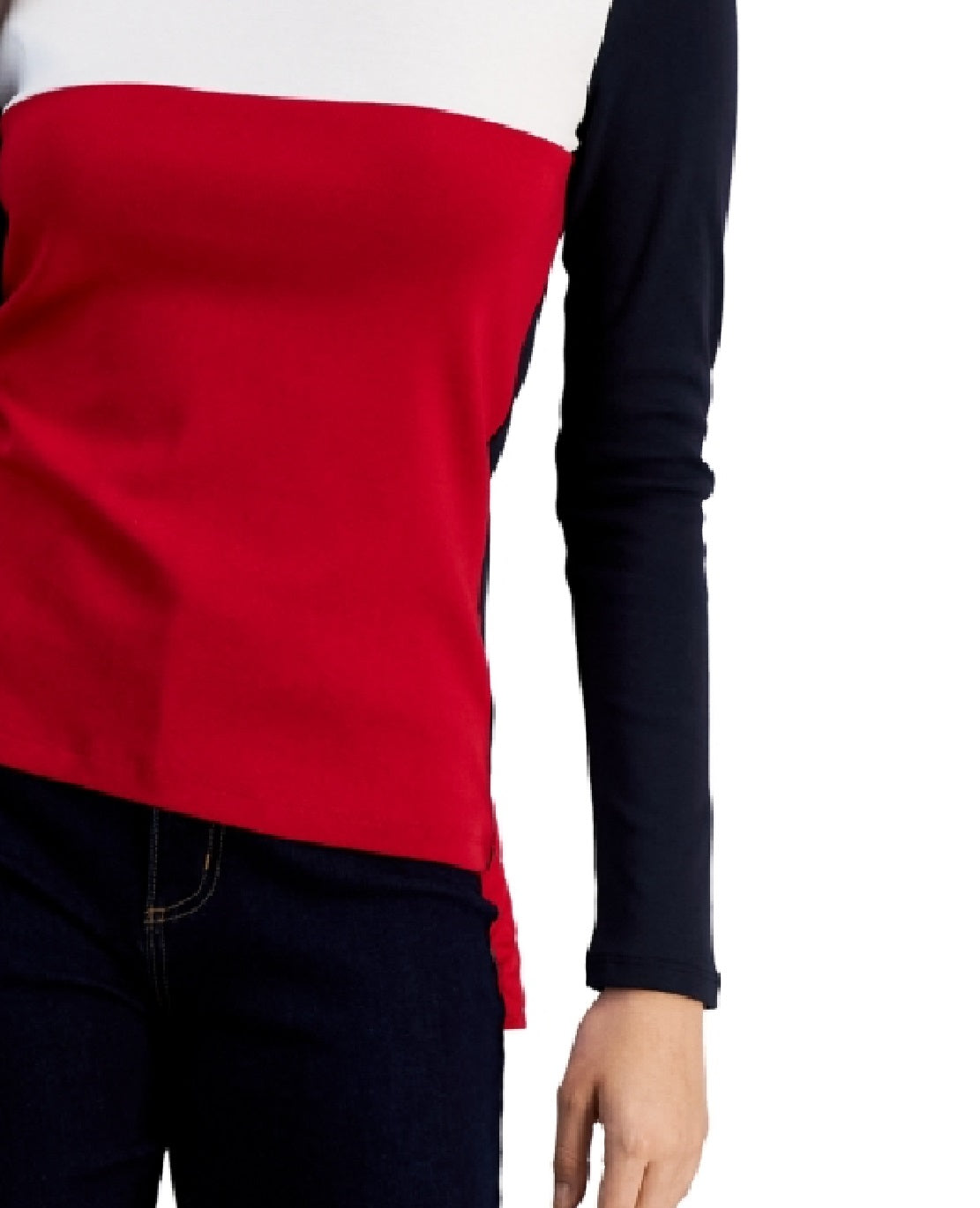 Tommy Hilfiger Blusa Feminina de Algodão com Gola Alta Colorblock e Manga Longa Azul Tamanho Grande