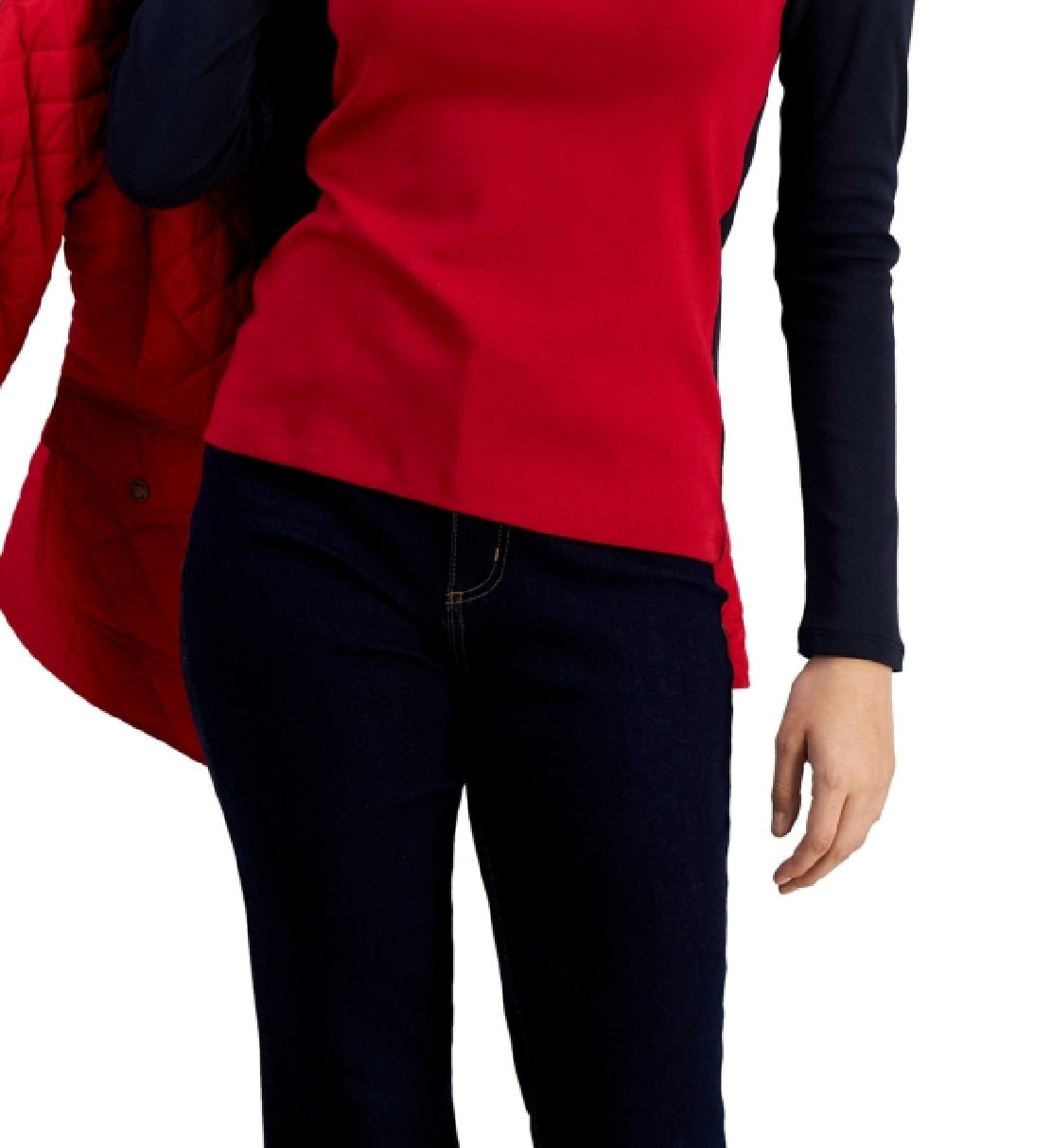 Tommy Hilfiger Blusa Feminina de Algodão com Gola Alta Colorblock e Manga Longa Azul