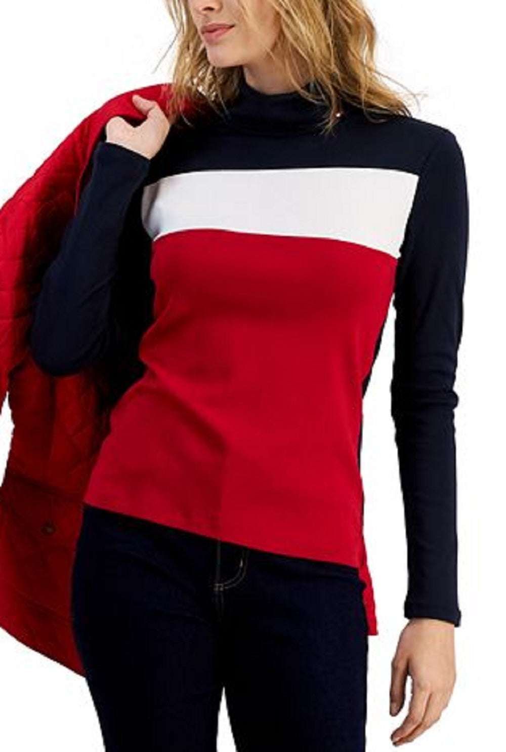 Tommy Hilfiger Blusa Feminina de Algodão com Gola Alta Colorblock e Manga Longa Azul Tamanho P