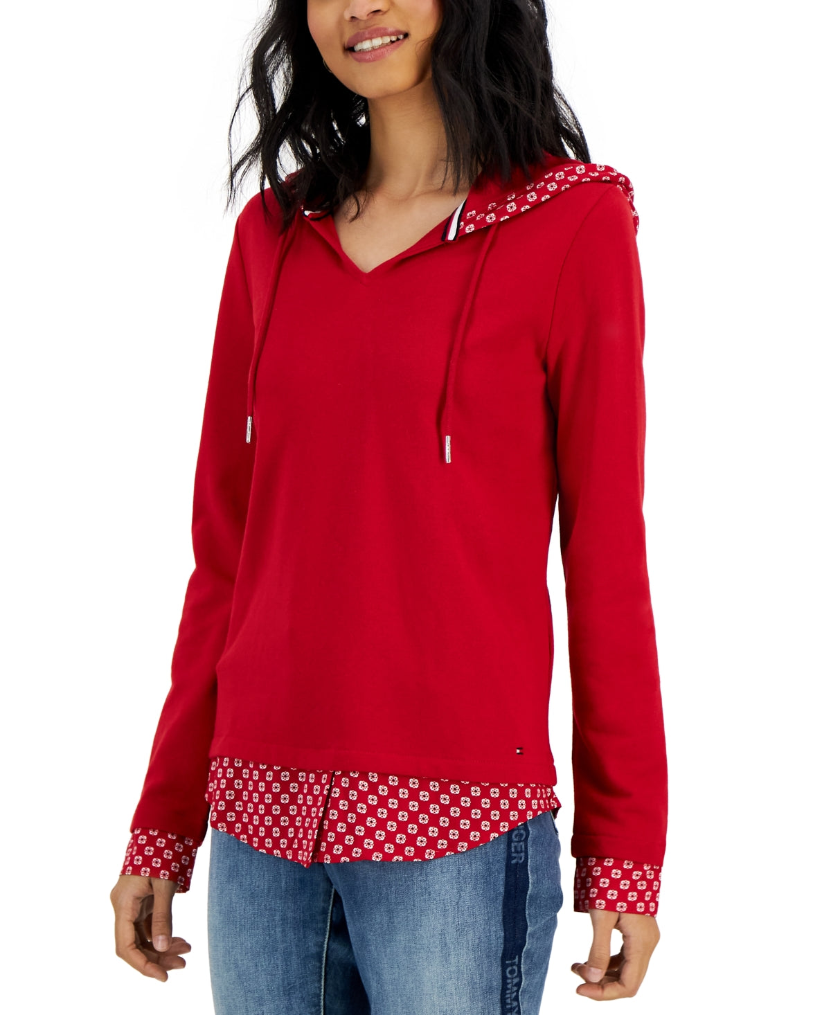 Tommy Hilfiger Blusa com capuz French Terry feminina em camadas, vermelha, tamanho médio