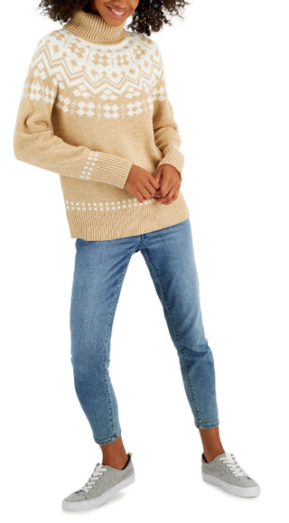 Tommy Hilfiger Women's Fair Isle Turtleneck Sweater Brown Size Large