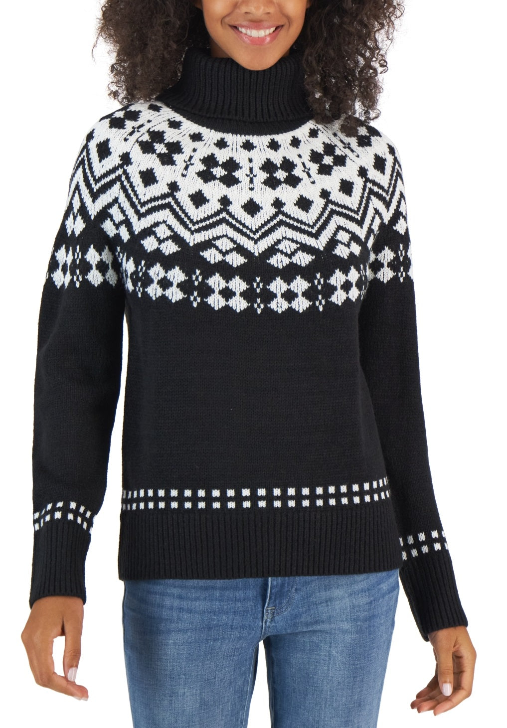 Suéter Tommy Hilfiger Fair Isle feminino, gola alta, cinza, tamanho grande